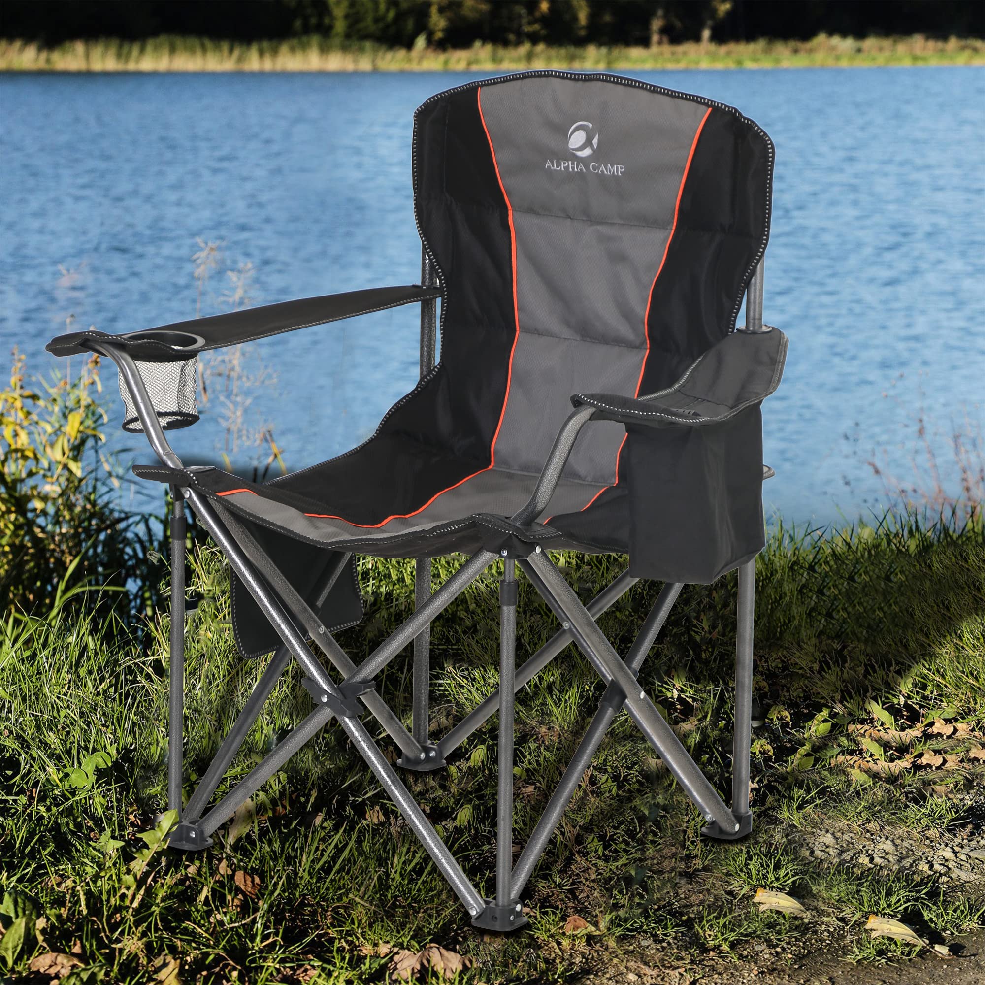 ALPHA CAMP Folding Camping Chair Oversized Heavy Duty Padded Outdoor Chair with Cup Holder Storage and Cooler Bag, 450 LBS Weight Capacity, Thicken 600D Oxford, Black