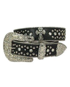 nyfashion101 cross charm rhinestone stud genuine leather belt (small/medium, black)