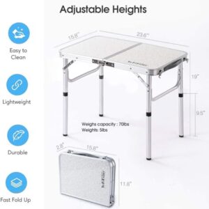 Folding Camp Table Small, 24''L x16''W with Adjustable Height Legs, Indoor Outdoor Lightweight Portable Aluminum Dining Table for Picnic Camping 2-Feet（2 Heights 10"/19"）