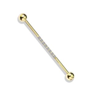 Pierced Owl 14G Stainless Steel CZ Crystal Lined Industrial Barbell (Gold/Clear)