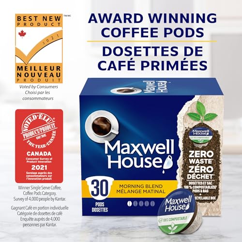 Maxwell House Morning Blend Coffee 100% Compostable Pods, 30 Pods, (Imported from Canada)