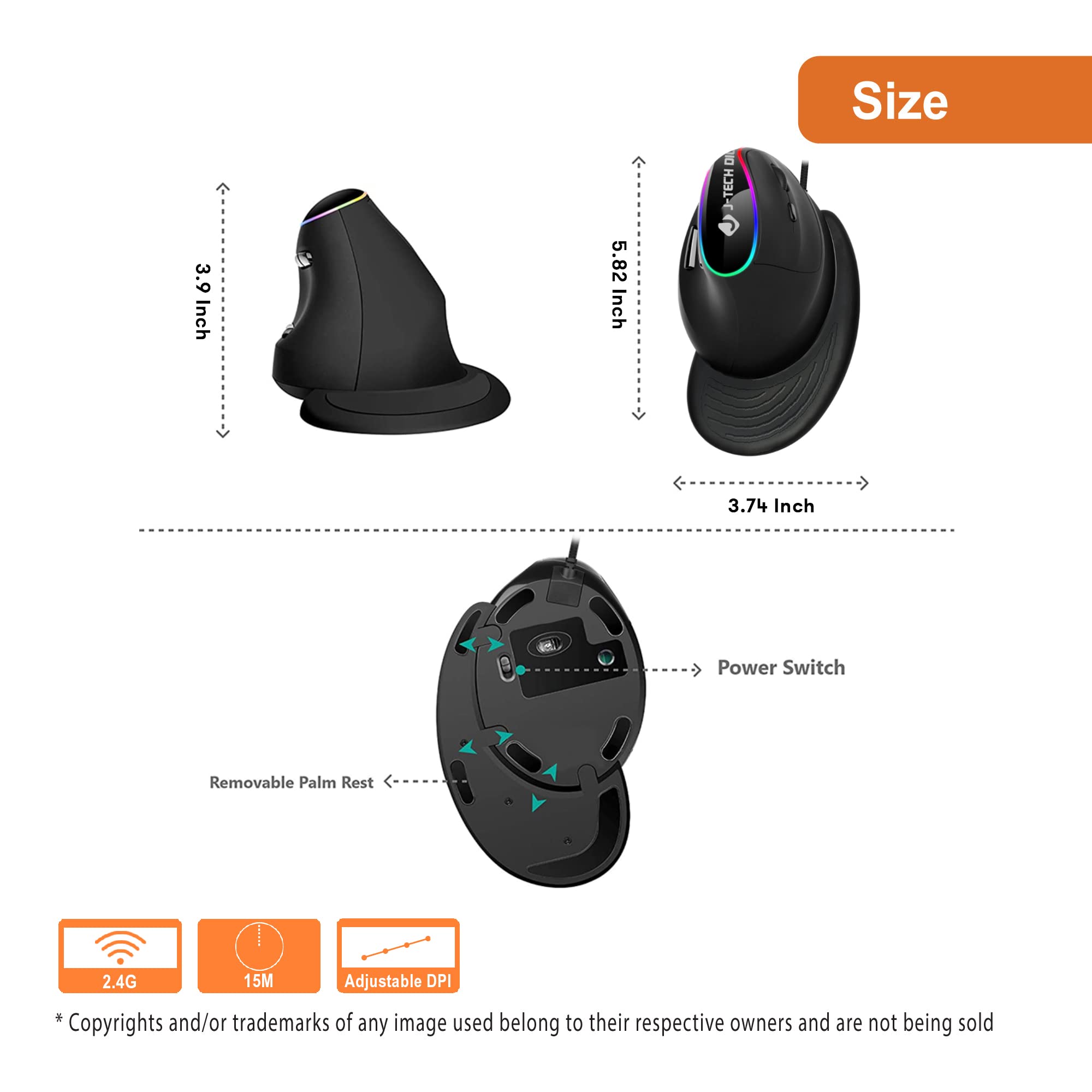 J-Tech Digital V638R Ergonomic Wired Mouse, 4 DPI Settings, RGB LED Variations, Magnetic Removable Palm Rest, 6 Button Functions, 1 Year Manufacturer Replacement Warranty