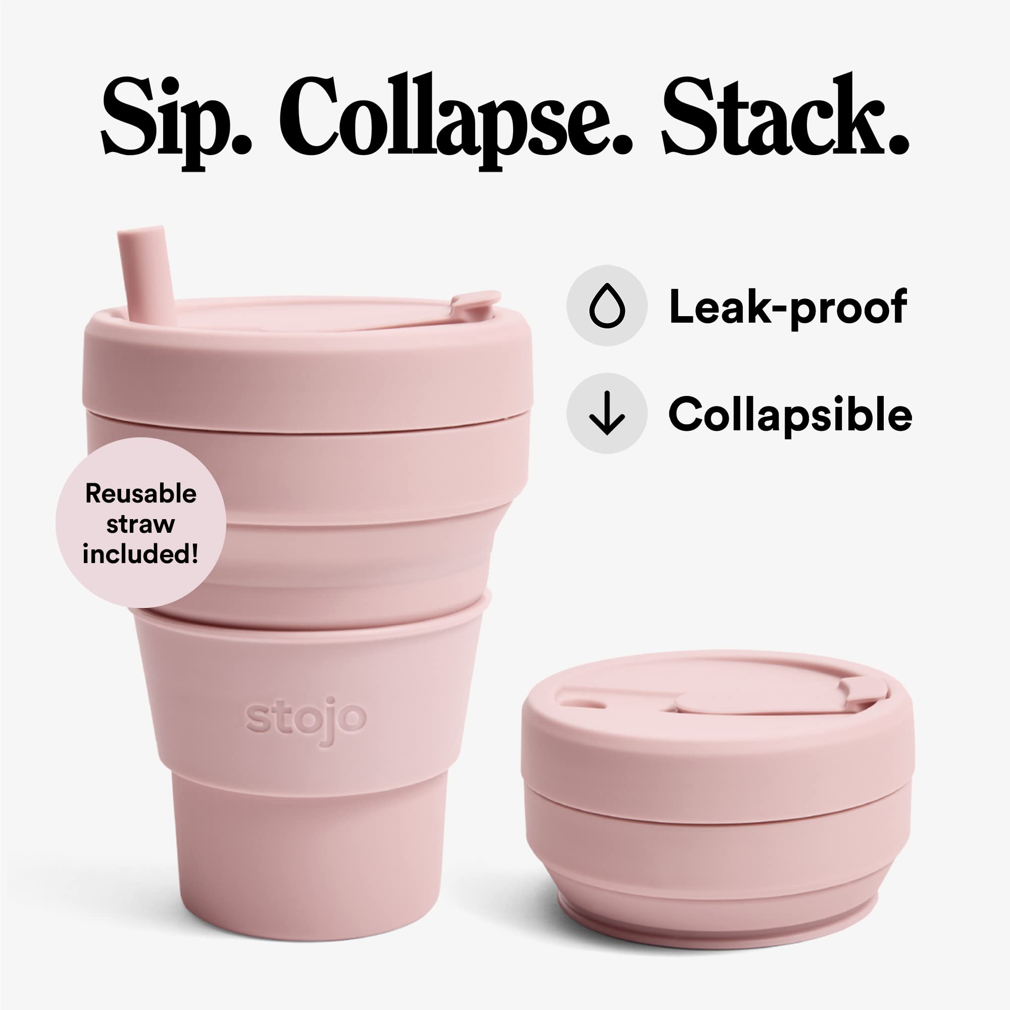 STOJO Titan Collapsible Travel Cup With Straw - Carnation Pink, 24oz / 710ml - Reusable To-Go Pocket Size Silicone Cup for Hot & Cold Drinks - Camping and Hiking - Microwave & Dishwasher Safe