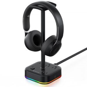 trond headphone stand with usb charger, desk gaming headset holder with 3 usb charging ports and 3 ac outlets, rgb headphone hanger with 5 light modes, for desk accessories, gamer gifts