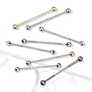 Pierced Owl 14G Stainless Steel CZ Crystal Lined Industrial Barbell (Gold/Clear)