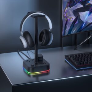 TROND Headphone Stand with USB Charger, Desk Gaming Headset Holder with 3 USB Charging Ports and 3 AC Outlets, RGB Headphone Hanger with 5 Light Modes, for Desk Accessories, Gamer Gifts