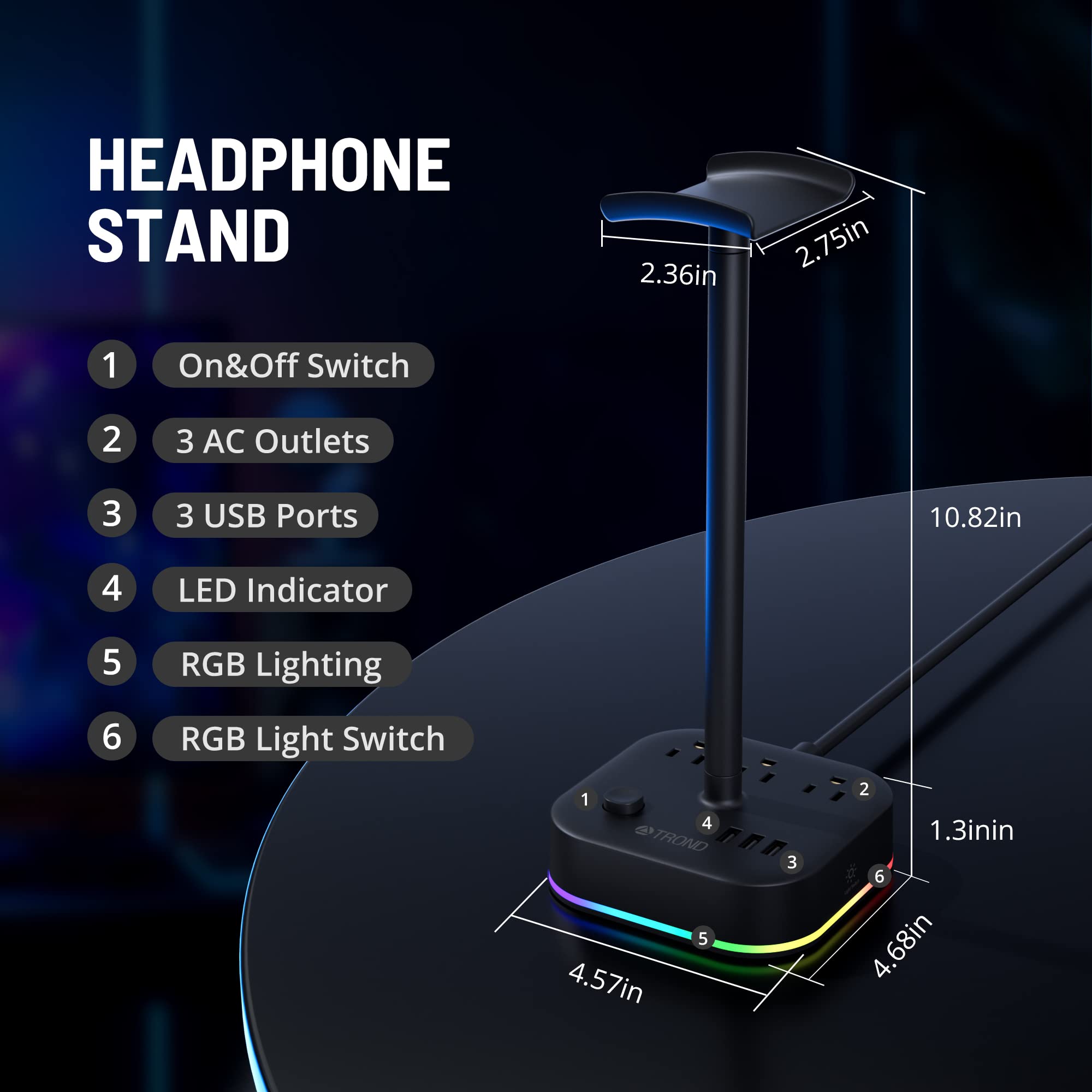 TROND Headphone Stand with USB Charger, Desk Gaming Headset Holder with 3 USB Charging Ports and 3 AC Outlets, RGB Headphone Hanger with 5 Light Modes, for Desk Accessories, Gamer Gifts