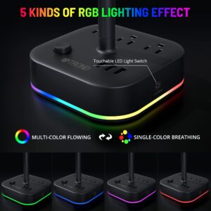 TROND Headphone Stand with USB Charger, Desk Gaming Headset Holder with 3 USB Charging Ports and 3 AC Outlets, RGB Headphone Hanger with 5 Light Modes, for Desk Accessories, Gamer Gifts