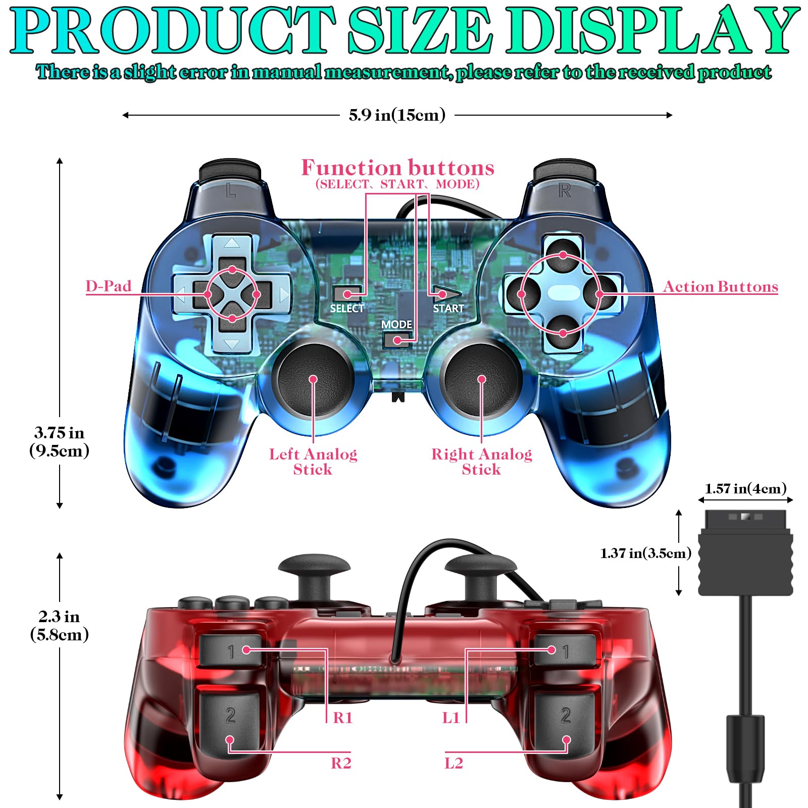 Degulan Wired Controller for PS2 High Performance Double Shock Gamepad Joystick Remote Compatible with Play station 2 (Clear Red and Clear Blue)