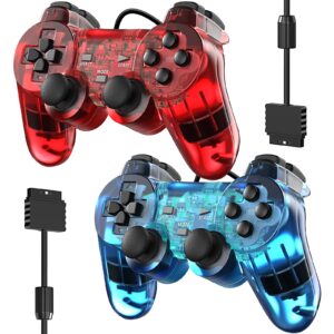 degulan wired controller for ps2 high performance double shock gamepad joystick remote compatible with play station 2 (clear red and clear blue)