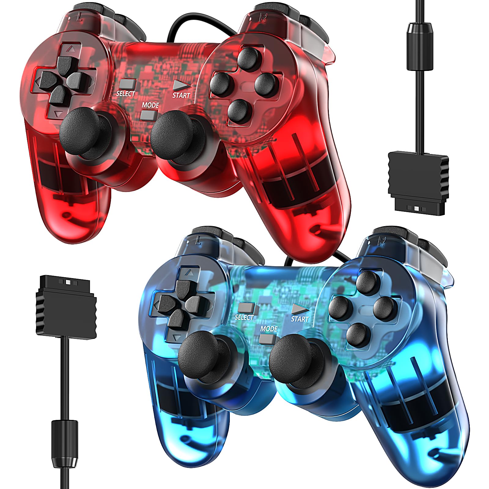 Degulan Wired Controller for PS2 High Performance Double Shock Gamepad Joystick Remote Compatible with Play station 2 (Clear Red and Clear Blue)