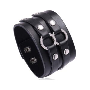 nsitbbuery hip hop alloy cuff wristband wide leather bracelet(black)