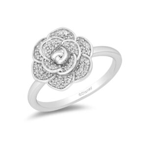 Jewelili Enchanted Disney Fine Jewelry Sterling Silver With 1/5Cttw Diamonds Cinderella 70Th Anniversary Gardenia Flower Ring, Size 9