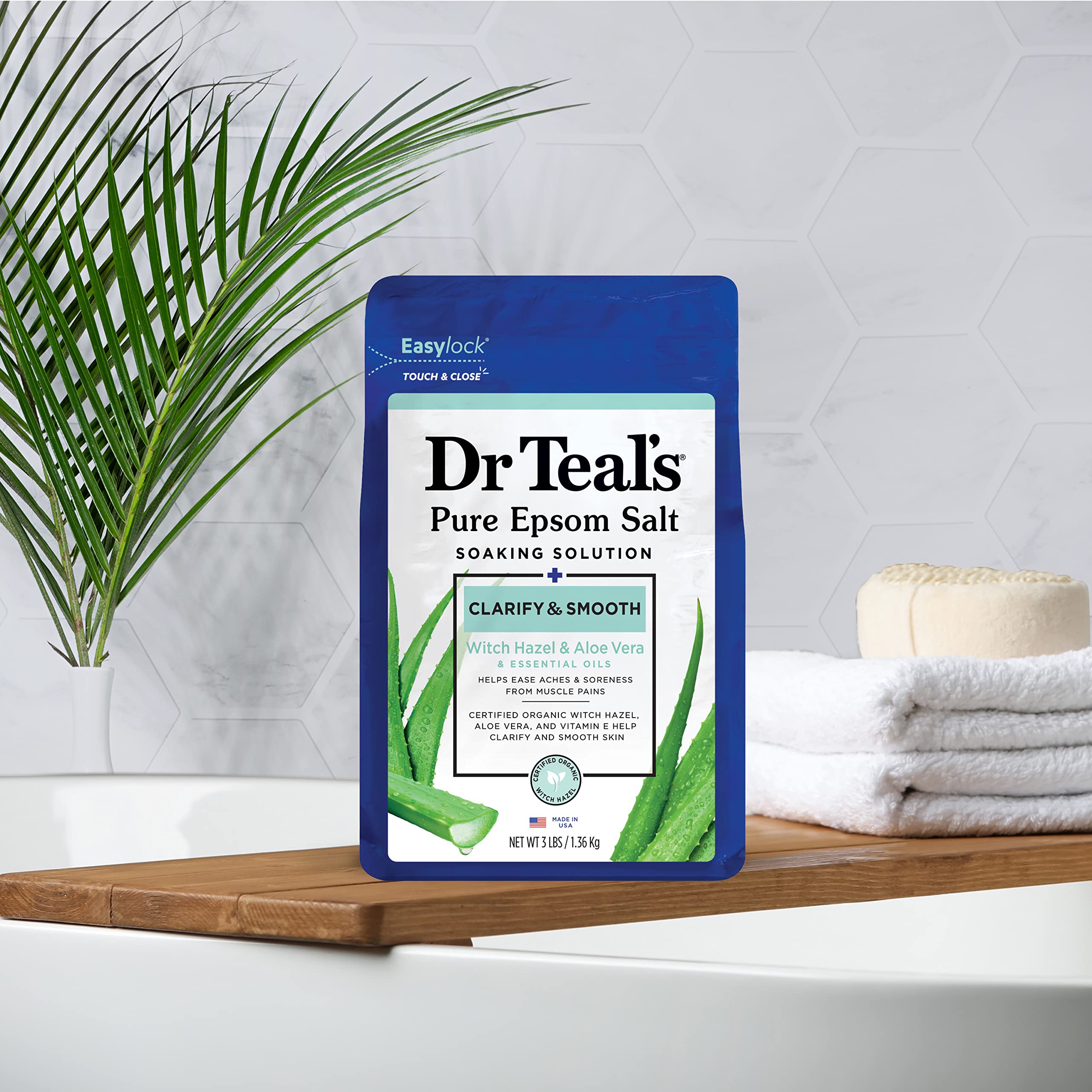 Dr Teal's Pure Epsom Salt Soak, Clarify & Smooth with Witch Hazel & Aloe Vera, 3 lbs