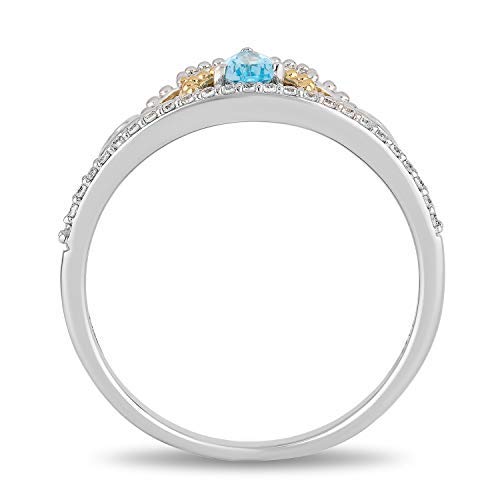 Jewelili Enchanted Disney Fine Jewelry Sterling Silver and 10K Yellow Gold With 1/10 CTTW Swiss Blue Topaz Jasmine Ring, Size 5