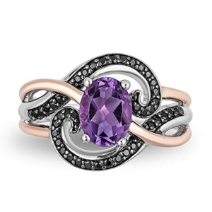 Jewelili Enchanted Disney Fine Jewelry Sterling Silver with Rose Gold Plating, Black Rhodium 1/5 Cttw Diamond and Amethyst Ursula Ring, Size 9