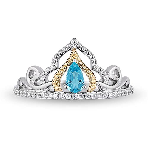 Jewelili Enchanted Disney Fine Jewelry Sterling Silver and 10K Yellow Gold With 1/10 CTTW Swiss Blue Topaz Jasmine Ring, Size 5