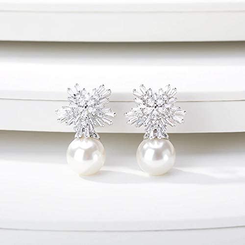 Silver Zirconia Earrings with White Pearl Style Stone - Soho Jewelry - Accessory for Women - Includes Gift Box