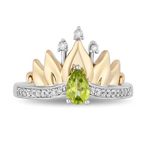 Jewelili Enchanted Disney Fine Jewelry Sterling Silver And 10K Yellow Gold 1/10 Cttw Diamond and Peridot Tiana Water Lily Tiara Ring, Size 5