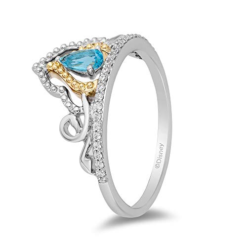 Jewelili Enchanted Disney Fine Jewelry Sterling Silver and 10K Yellow Gold With 1/10 CTTW Swiss Blue Topaz Jasmine Ring, Size 5