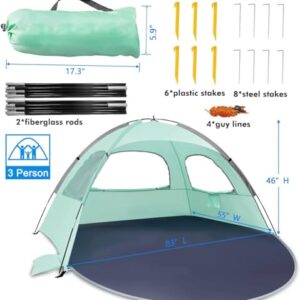 WhiteFang Beach Tent Anti-UV Portable Sun Shade Shelter for 3 Person, Extendable Floor with 3 Ventilating Mesh Windows Plus Carrying Bag, Stakes and Guy Lines (Mint Green)