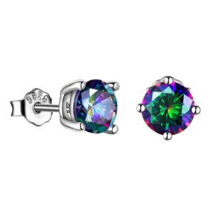 Rainbow Color Mystic Topaz Stud Earrings for Men 925 Sterling Silver Round Solitaire Magic Green Earrings for Women Statement Earrings Birthday Chrismtas Gifts for Women Wife Girlfriend FE0119M