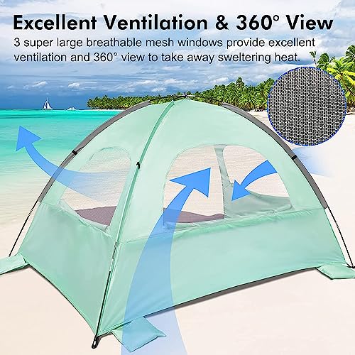 WhiteFang Beach Tent Anti-UV Portable Sun Shade Shelter for 3 Person, Extendable Floor with 3 Ventilating Mesh Windows Plus Carrying Bag, Stakes and Guy Lines (Mint Green)