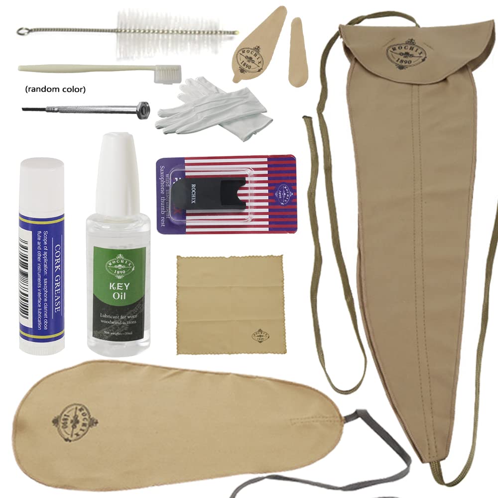 Saxophone Sax Cleaning and Maintenance Cleaner Care Kit with Key Oil, Cork Grease, Swab, Cleaning Cloth, Thumb Rest, Mouthpiece Brush, and More in Khaki