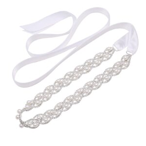 WEZTEZ Women's Crystal Wedding Sash Shining Pearls Bridal Belt Handmade Rhinestone Sash for Bride Bridesmaid Gowns (white ribbon)