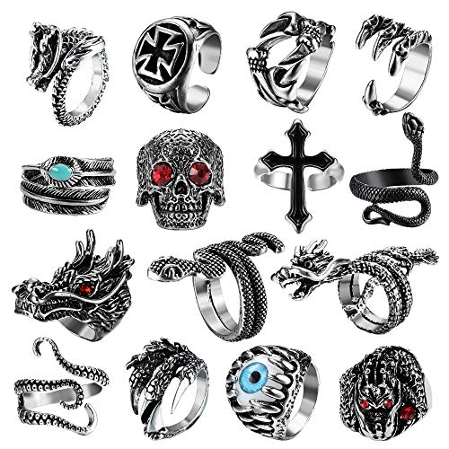 Jstyle 15Pcs Vintage Punk Rings for Men Women Snake Ring Dragon Open Rings Set Knuckle Stacking Ring Boho Finger Rings