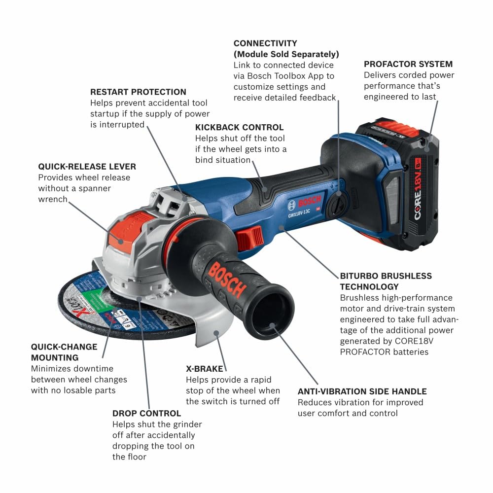 BOSCH GWX18V-13CB14 PROFACTOR™ 18V X-LOCK Connected-Ready 5 – 6 In. Angle Grinder Kit with (1) CORE18V® 8 Ah High Power Battery