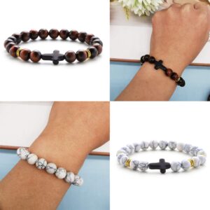 MOZAKA 12Pcs 8MM Cross Beads Bracelet for Men Women Lava Rock Tiger Eye Stone Howlite Stone Stretch Elastic Bracelet Set