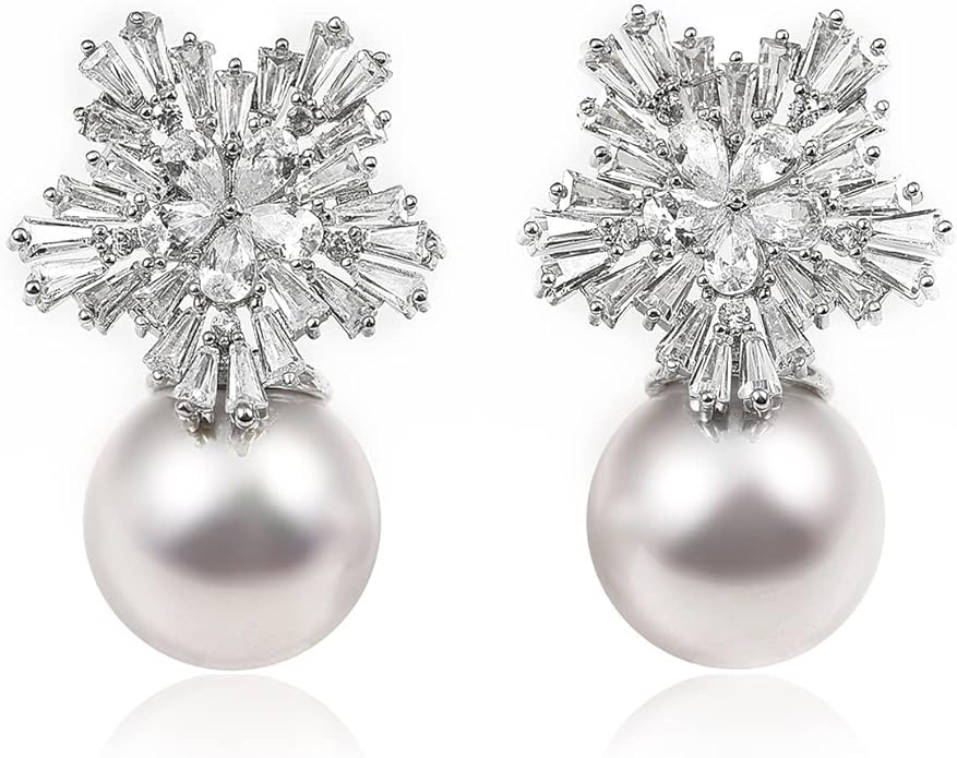 Silver Zirconia Earrings with White Pearl Style Stone - Soho Jewelry - Accessory for Women - Includes Gift Box