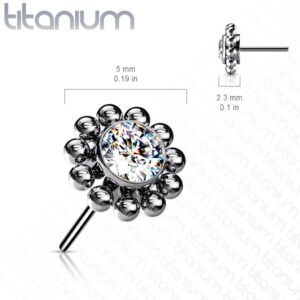 Amelia Fashion Implant Grade Titanium Threadless Push In Flower Tops with Center CZ and Surrounding Ball Cluster 14ga-20ga (Choose Color) (Clear)