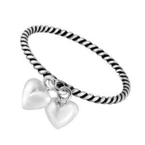 AeraVida Adorable Twin Hearts Dangle Twisted Band .925 Sterling Silver Ring | Charming and Elegant Women's Jewelry Accessory