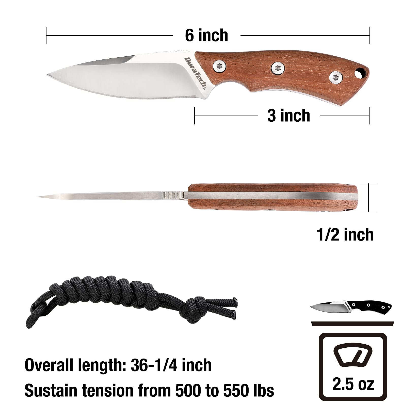 DURATECH Compact Fixed Blade Knife, 6-inch Neck Knife, 3-inch Blade, Full Tang, Wood Handle with Molded Sheath, Necklace and Paracord included, for EDC, Outdoor, Camping, Hiking