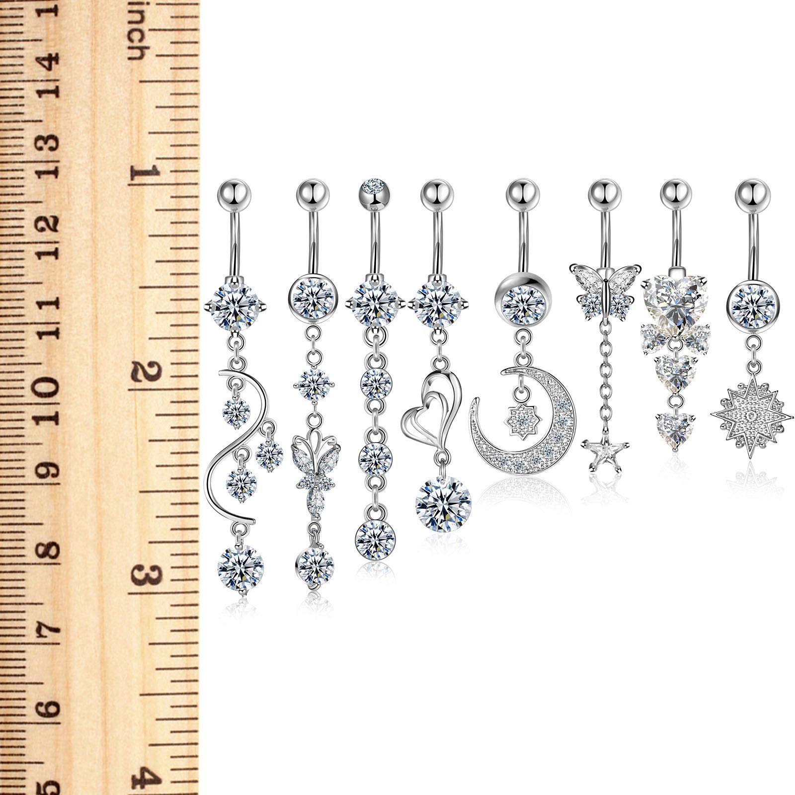 8 Pieces 14G Belly Button Rings Steel Long Dangle Navel Ring CZ Body Piercing Jewelry (Silver)