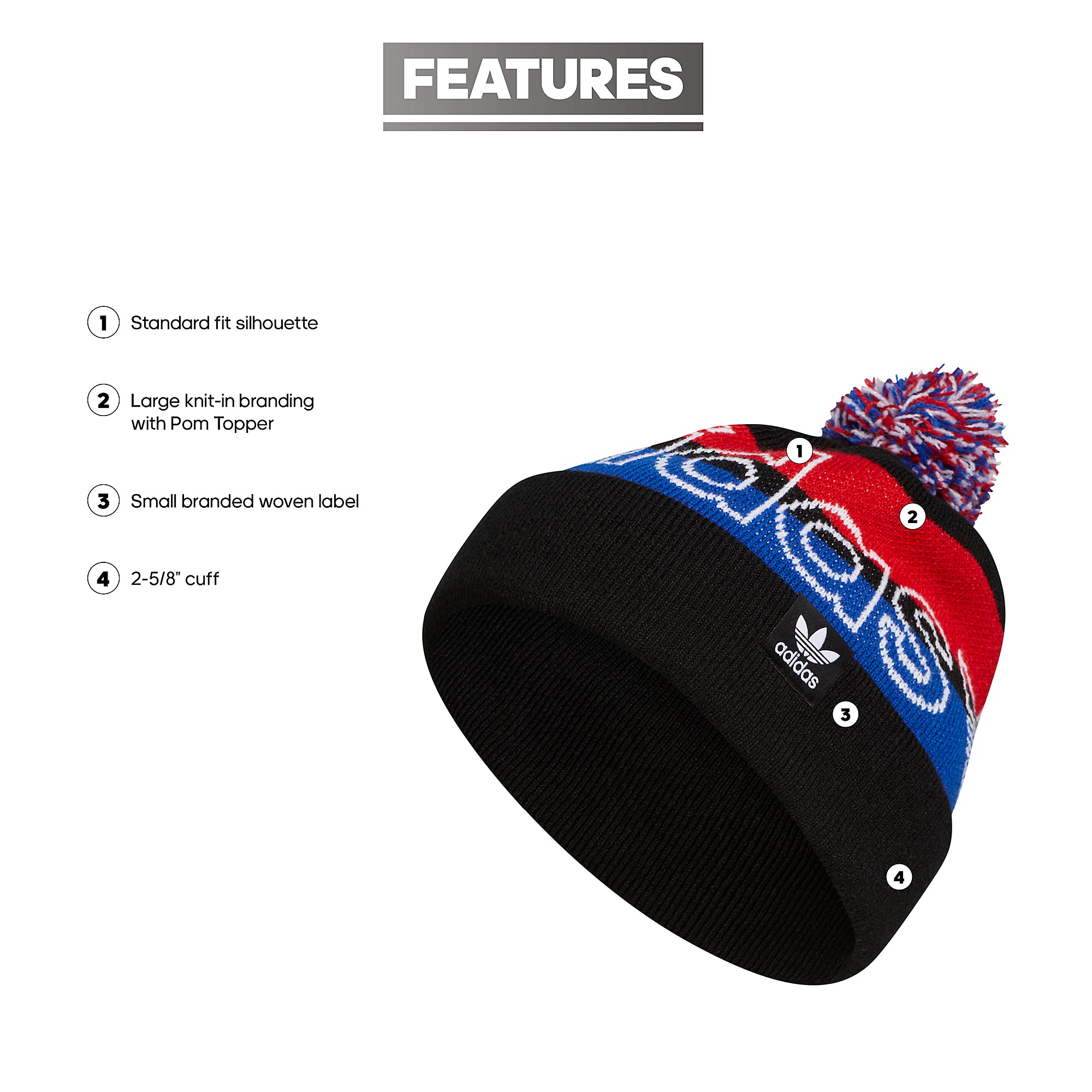 adidas Originals Unisex Originals Pom 3.0 Beanie, Black/Scarlet Red/Collegiate Royal Blue, One Size