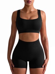 oqq workout outfits for women 2 piece seamless ribbed high waist leggings with sports bra exercise set black