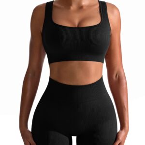 OQQ Workout Outfits For Women 2 Piece Seamless Ribbed High Waist Leggings With Sports Bra Exercise Set Black