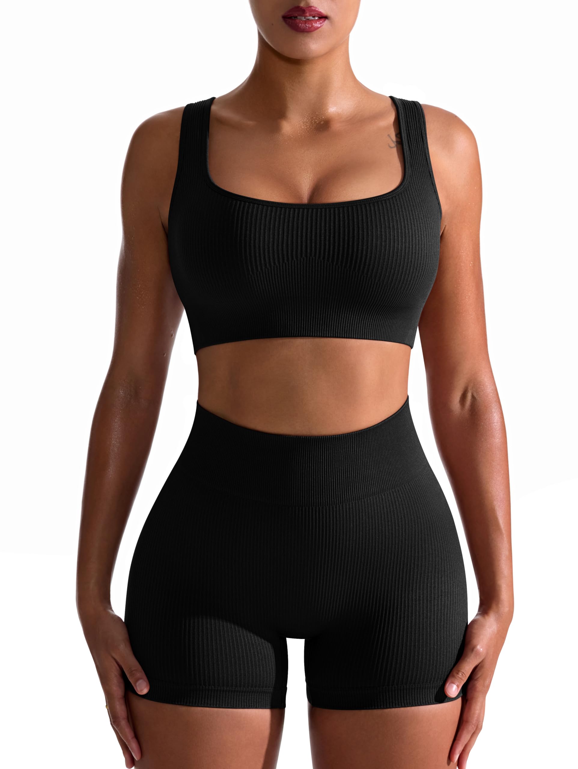 OQQ Workout Outfits For Women 2 Piece Seamless Ribbed High Waist Leggings With Sports Bra Exercise Set Black