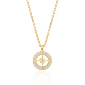 pearlada 18k gold cuban chain compass pendant necklace with micro-inlaid cubic zirconia halo womens handmade navigation travel jewelry for graduation gift