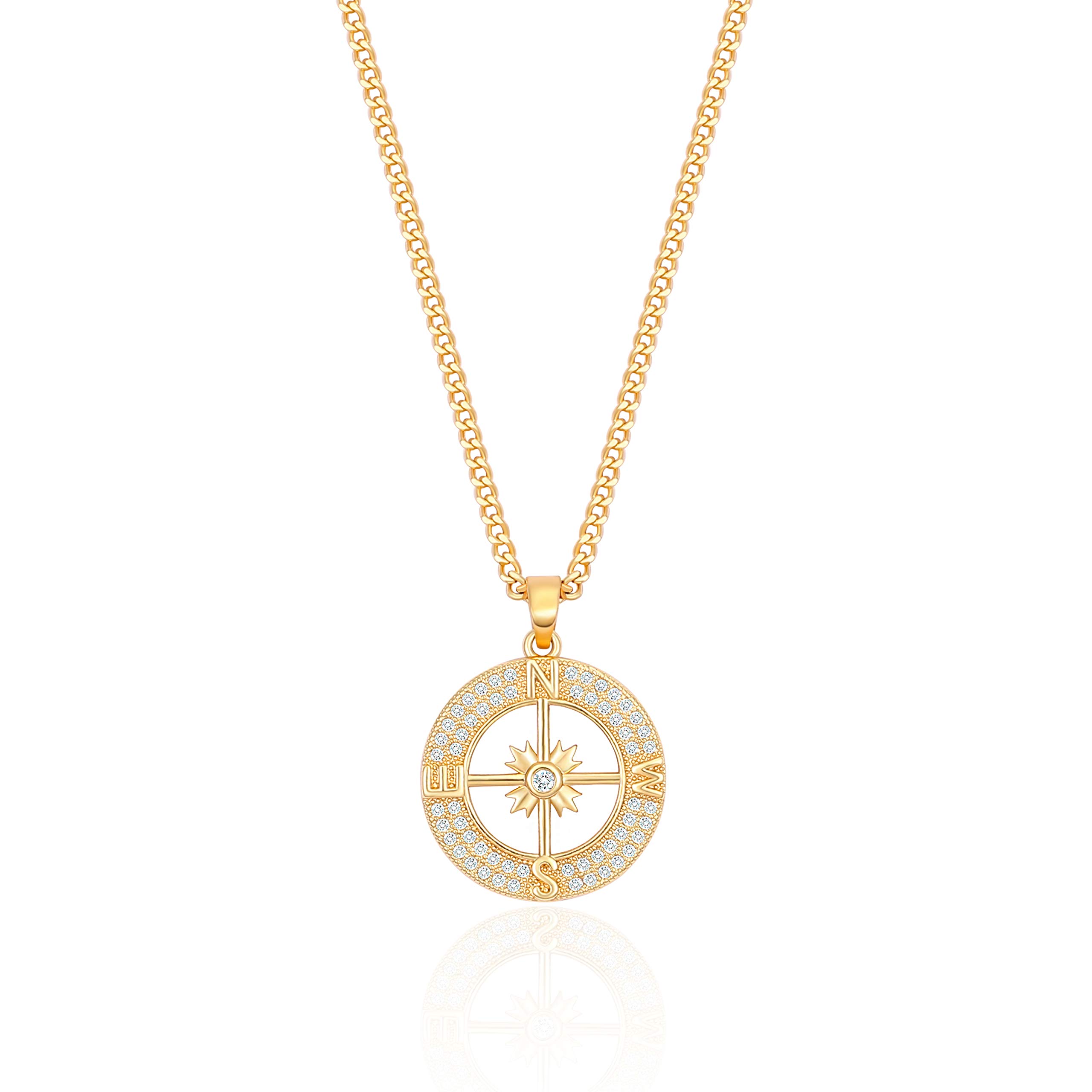 PEARLADA 18K Gold Cuban Chain Compass Pendant Necklace with Micro-Inlaid Cubic Zirconia Halo Womens Handmade Navigation Travel Jewelry for Graduation Gift