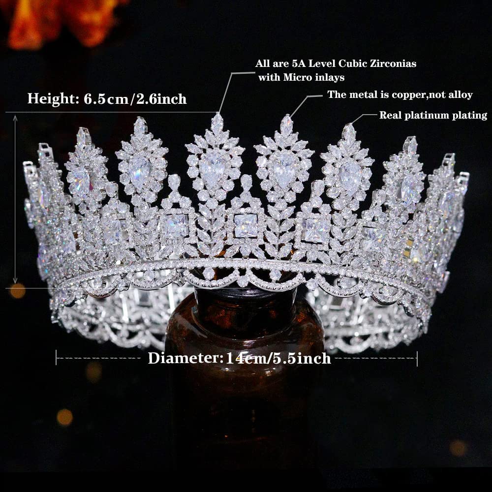 Aoligrace Luxury Cubic Zirconia Wedding Round Tiaras CZ Queen Princess Large Crowns Pageant Hair Jewelry Gifts for Women Wife