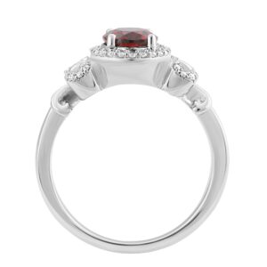 Jewelili Enchanted Disney Fine Jewelry Sterling Silver 8x6 MM Oval Cut Red Garnet and 1/6 Cttw Natural White Round Diamonds Snow White Bow Ring Size 5