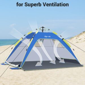 Glymnis Pop Up Beach Tent Sun Shade Shelter for 4 Person with UPF 50+ Easy Setup, 3 Ventilation Windows, Extended Floor Family Instant Beach Tent