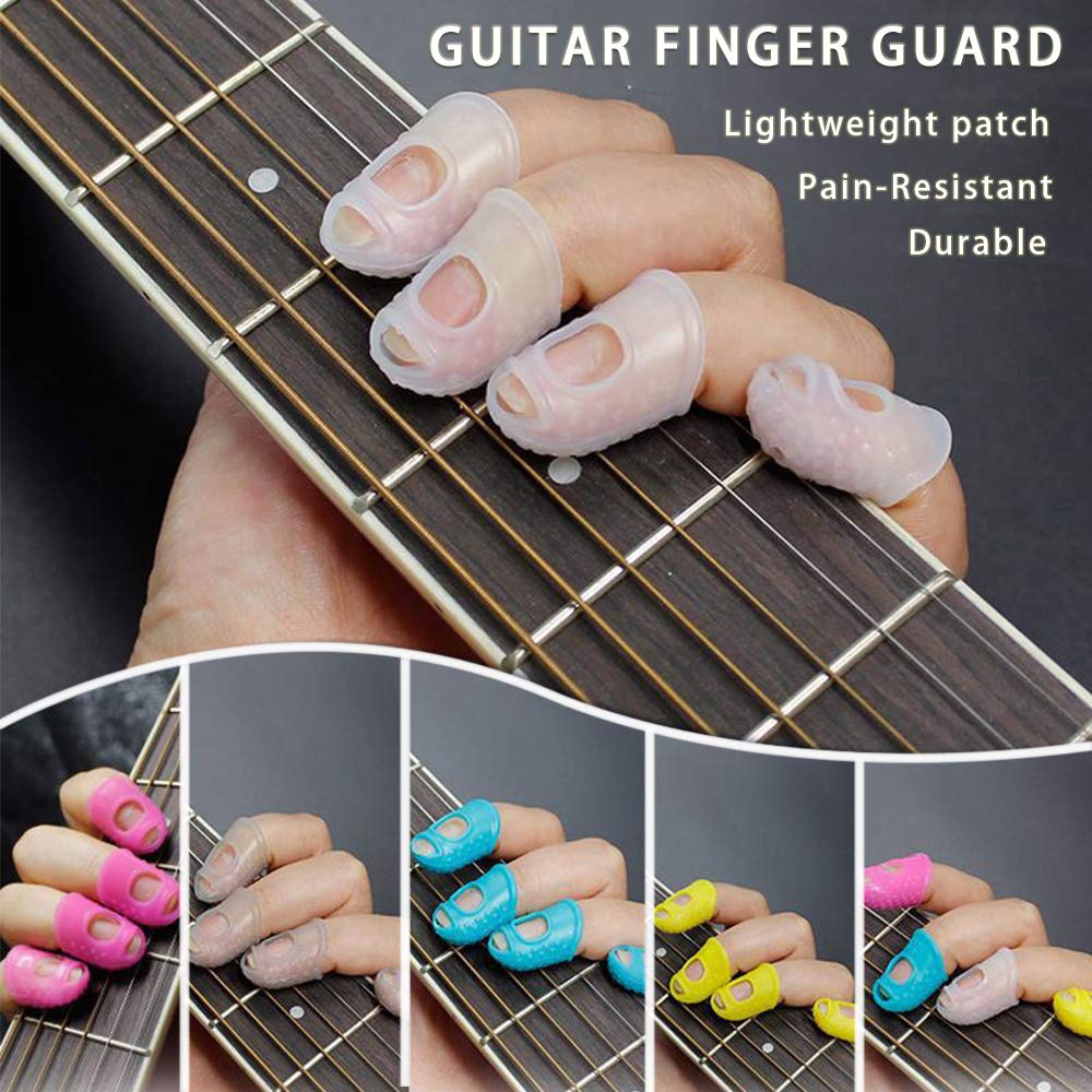 5 Sizes Guitar Fingertip Protector With Compact Box, Premium Silicone Guitar Finger Guards, Non-Slip Breathable Fingertip Protection Covers Caps for Guitar, Sewing, String Instruments (Grey)