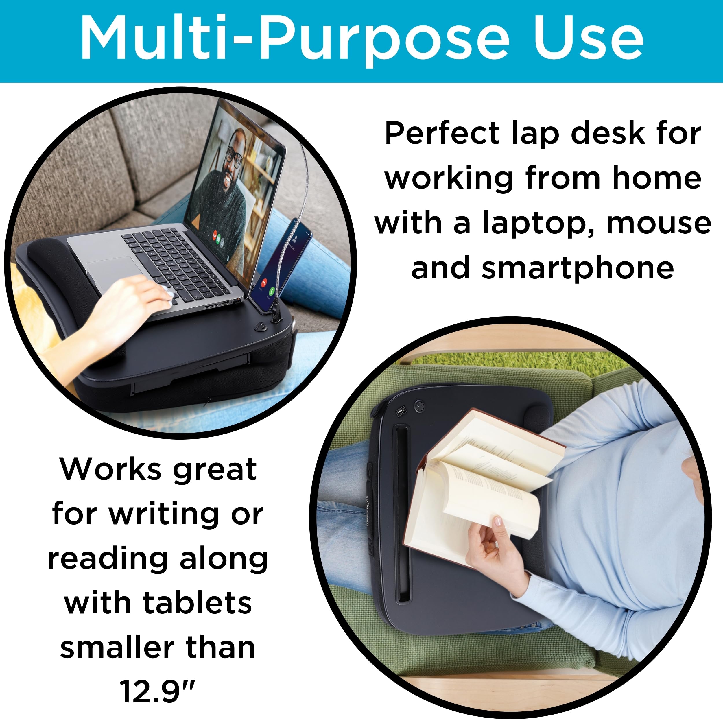 BIRDROCK HOME Multi-Tasking Lap Desk with Memory Foam Cushion | USB Light and Mouse Pad | Fits Laptops Up to 15" | Tablets Up to 9.6" | Smartphones Up to 4" | Black Spackle Top | Home Office