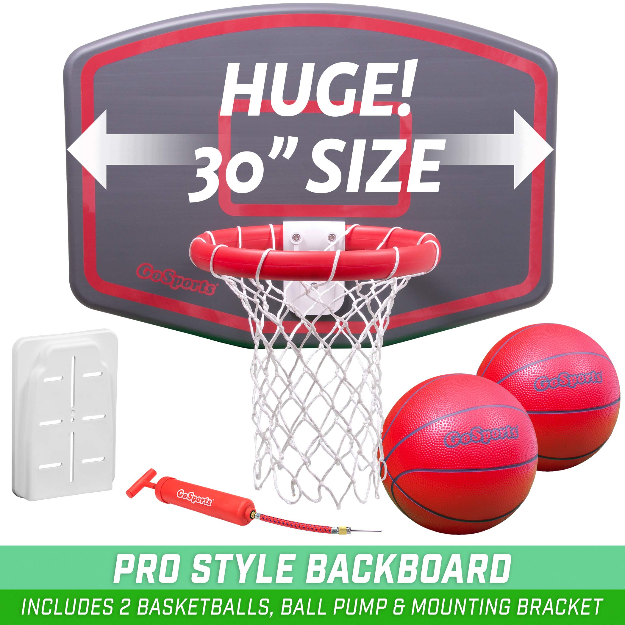 GoSports Wall Mounted Basketball Hoop - Indoor & Outdoor Hoop with Mounting Hardware, Includes 2 Basketballs and Ball Pump