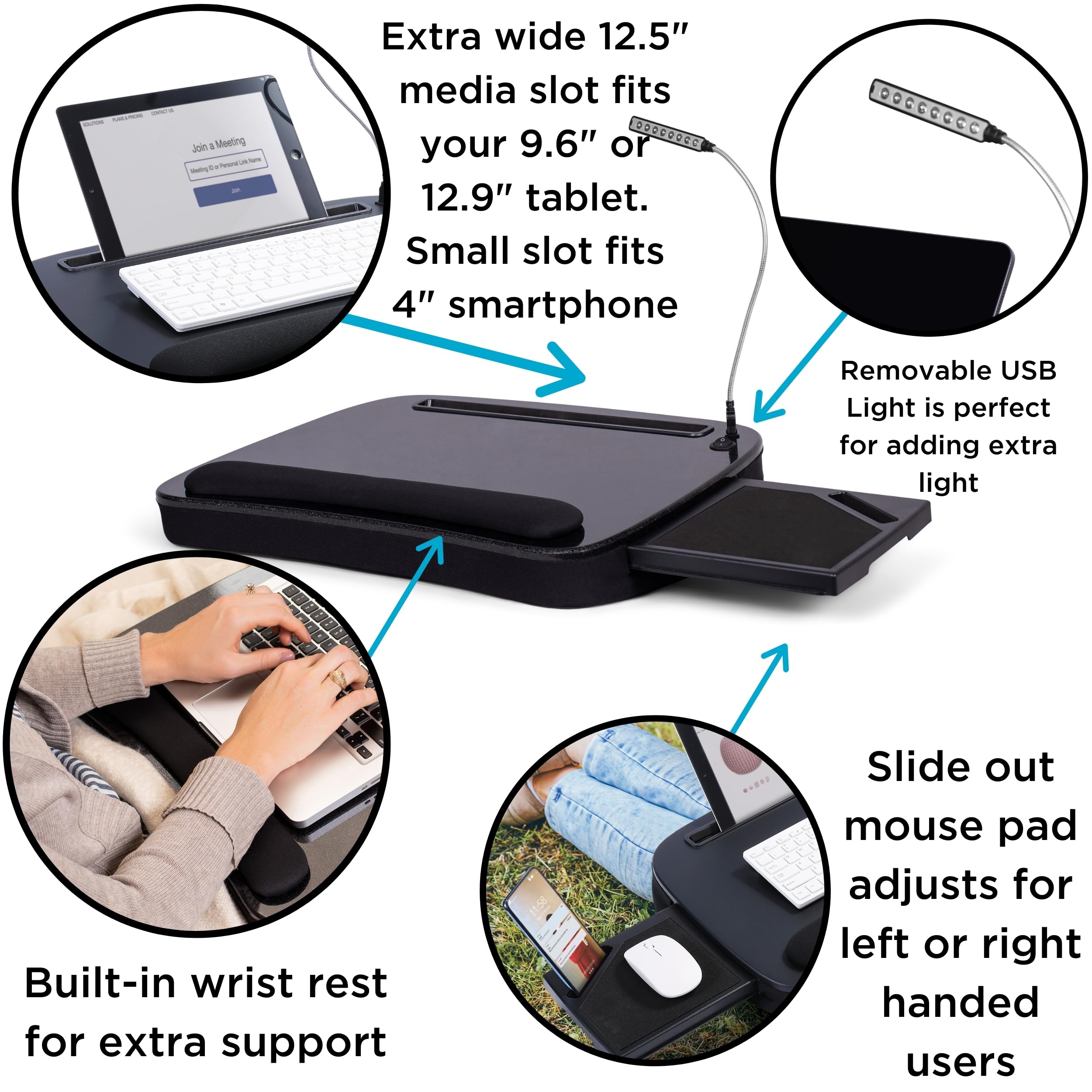 BIRDROCK HOME Multi-Tasking Lap Desk with Memory Foam Cushion | USB Light and Mouse Pad | Fits Laptops Up to 15" | Tablets Up to 9.6" | Smartphones Up to 4" | Black Spackle Top | Home Office